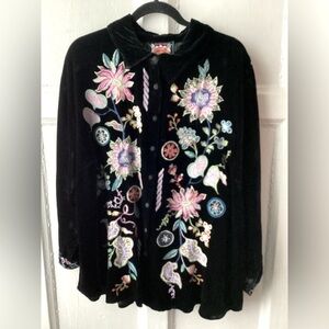 Johnny Was Black Velvet Shirt with Floral Embroidery